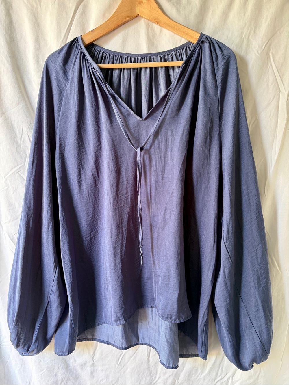 Slate Blue V-Neck Peasant Blouse with Tie Detail